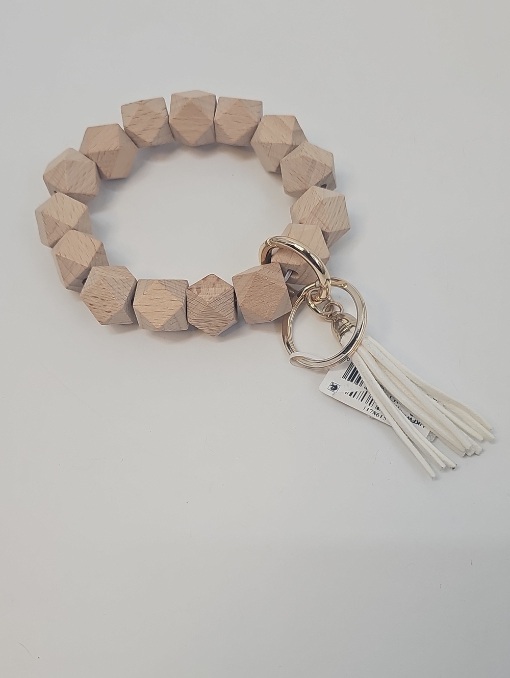 Altar'd State Natural Wood Bead Keychain Bracelet w Gold Hardware & Cream Tassel